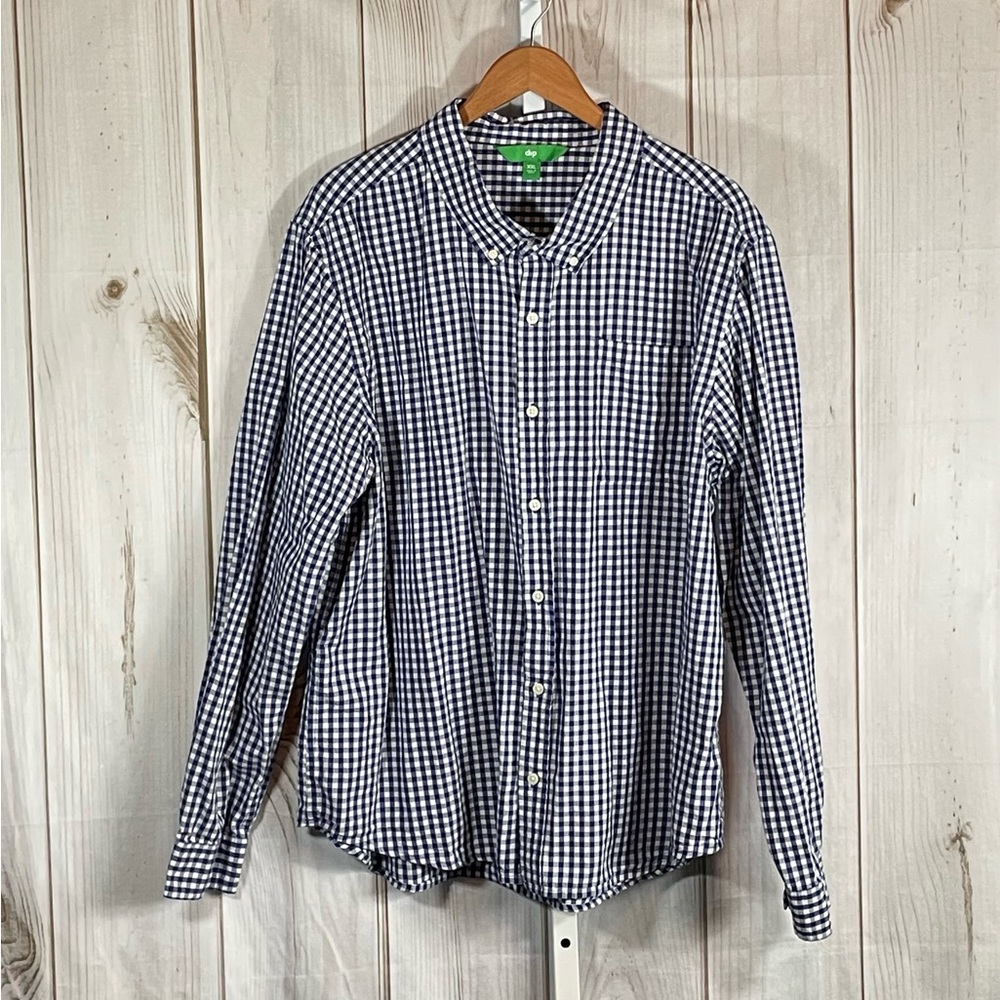 DIP Men's Button Front Dress Shirt Navy White Gingham Check XXL Long Sleeve EUC